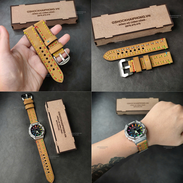 Dây da bò Crazy Horse phối chỉ màu Độc 01 - size 20mm/ 22mm/ 24mm/ 26mm