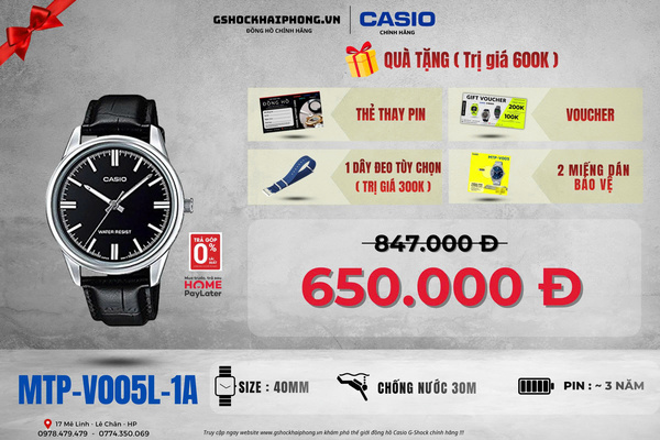  CASIO MTP-V005L-1A - QUÀ TẶNG TRỊ GIÁ 600k