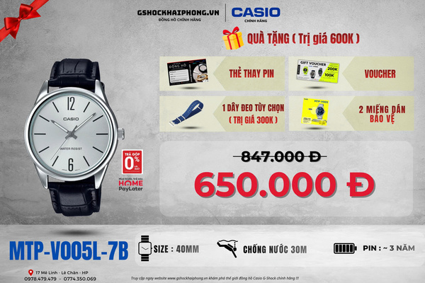 CASIO MTP-V005L-7B - QUÀ TẶNG TRỊ GIÁ 600k