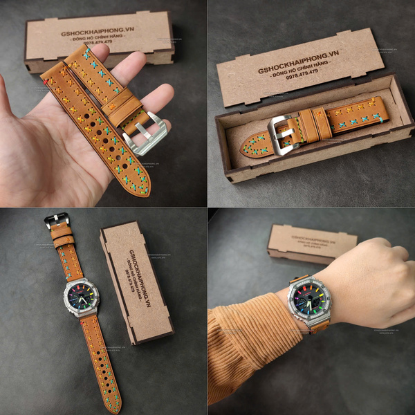 Dây da bò Crazy Horse phối chỉ màu Độc 01 - size 20mm/ 22mm/ 24mm/ 26mm