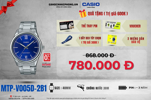 CASIO MTP-V005D-2B1 - QUÀ TẶNG TRỊ GIÁ 600k