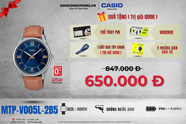 CASIO MTP-V005L-2B5 - QUÀ TẶNG TRỊ GIÁ 600k